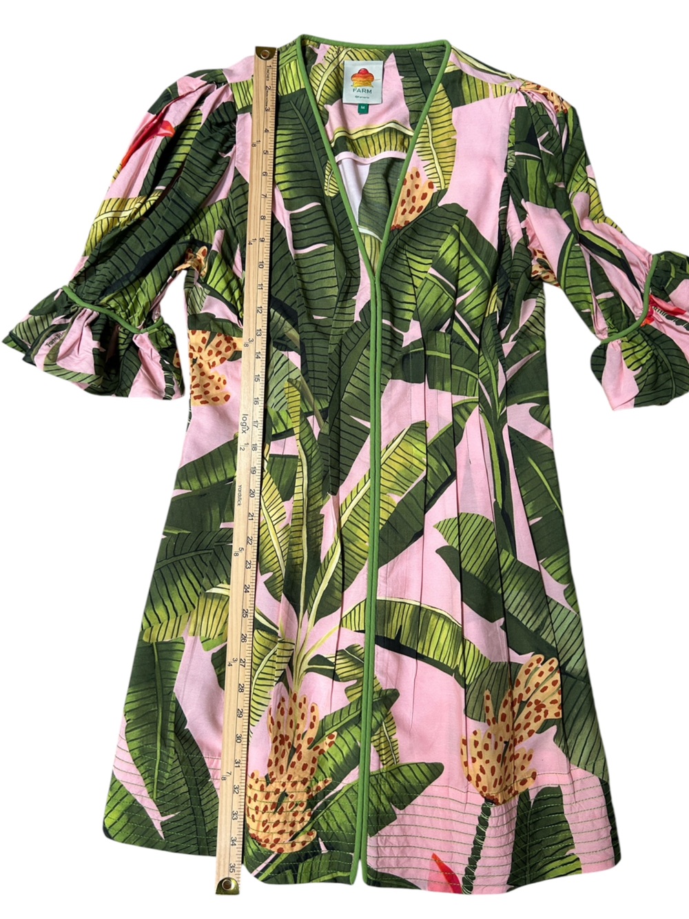 FARM Rio Pink Tropical Banana Leaf Mini Dress Puff Sleeve V-Neck Size Medium - Picture 8 of 10